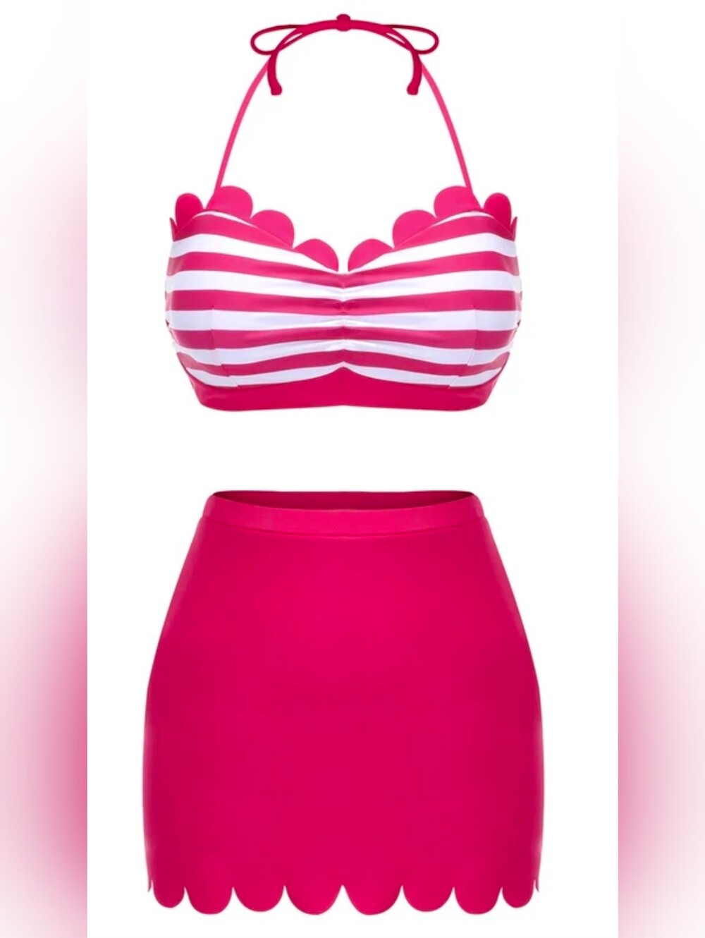 Scallop-Trim Pink Striped Bikini Set with High-Waist Skirt Size XL NWT